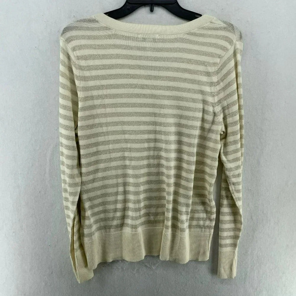 Charter Club Sweater Womens Sz PM Beige Gray Striped V-Neck Metallic Pullover - Picture 2 of 12